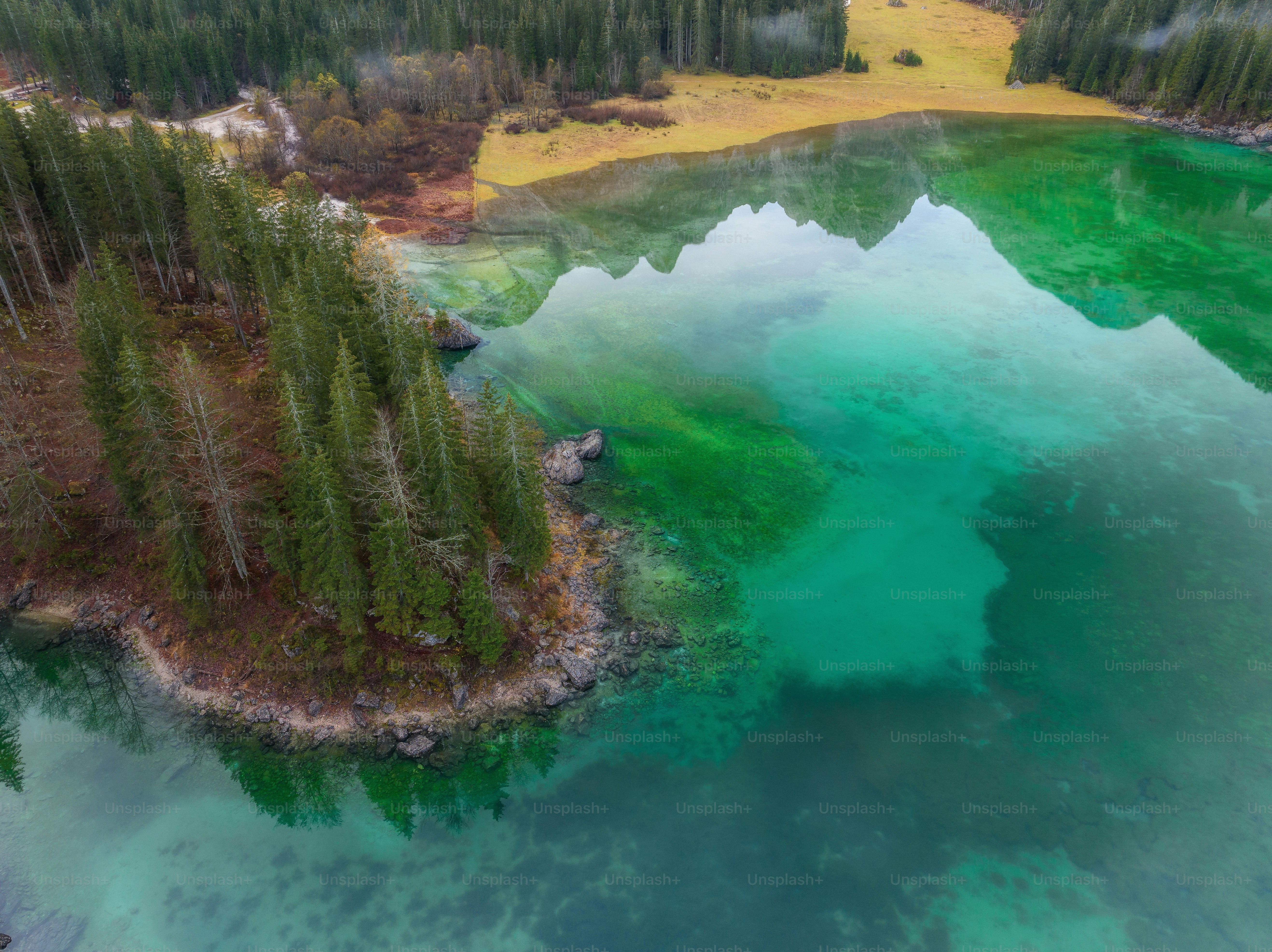 une vue aérienne d’un lac entouré d’arbres