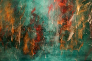 an abstract painting of red, orange, and green colors