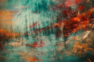 an abstract painting with red, orange and blue colors