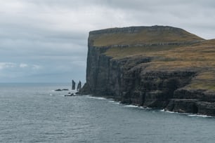 a large body of water next to a rocky cliff