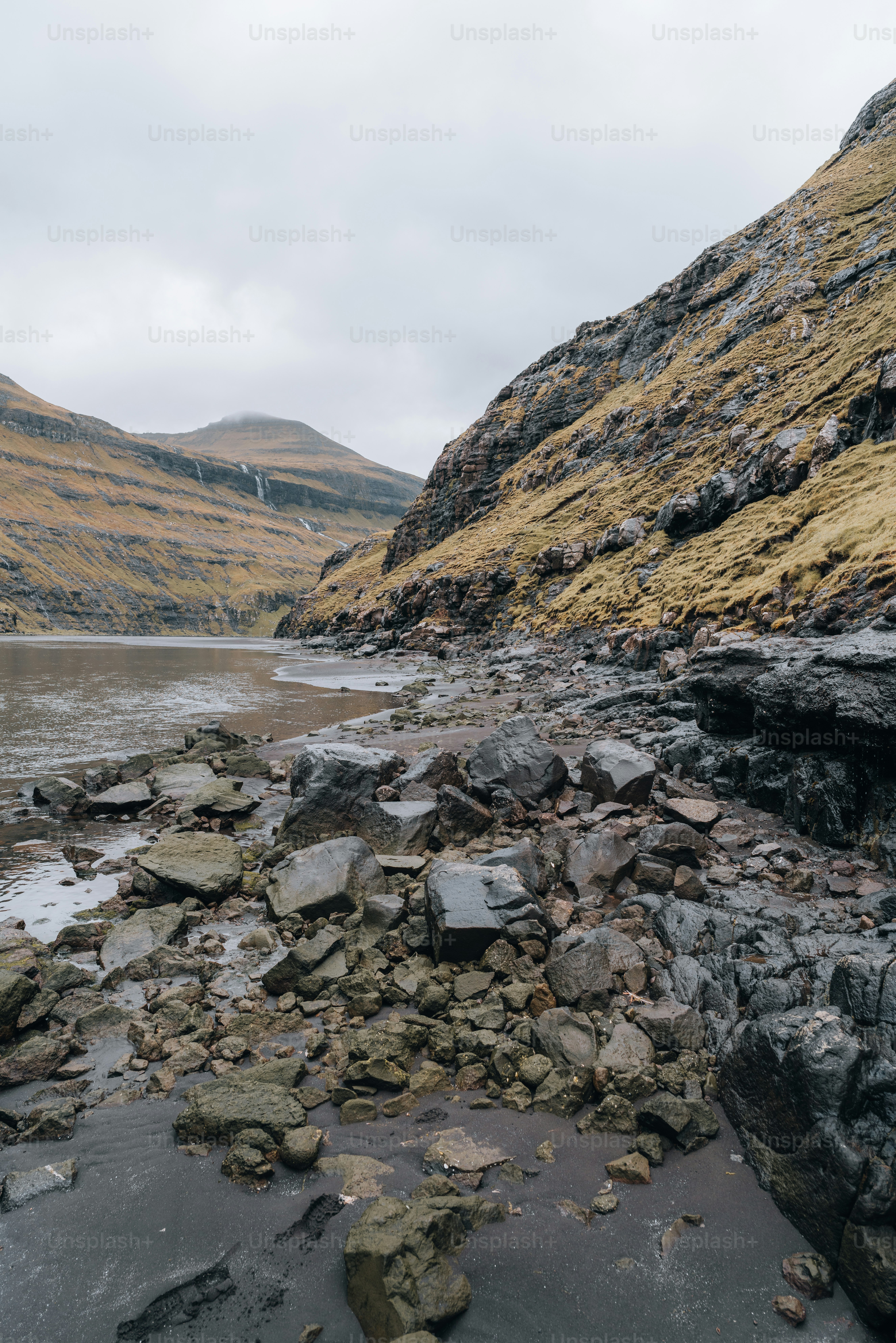 a rocky shore with a mountain in the background