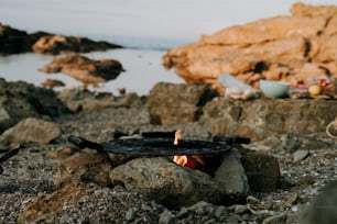 岩だらけのビーチの上に座っているファイヤーピット