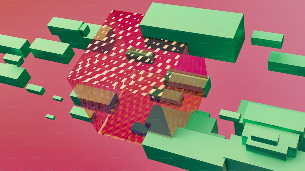 a computer generated image of a house surrounded by blocks of green and pink