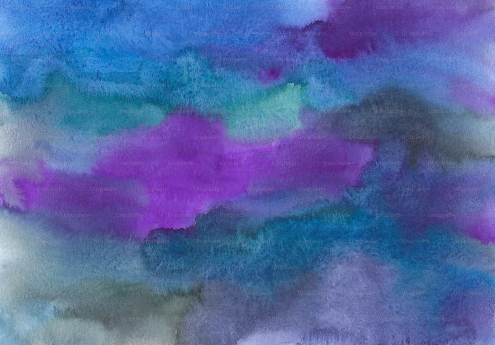 a painting of blue, purple, and green clouds