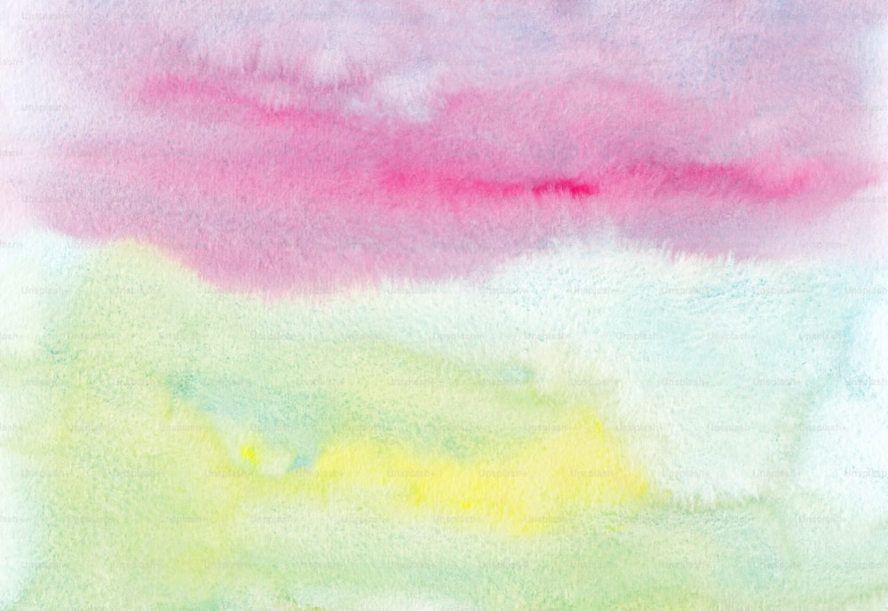 a watercolor painting of a pink, yellow, and green sky