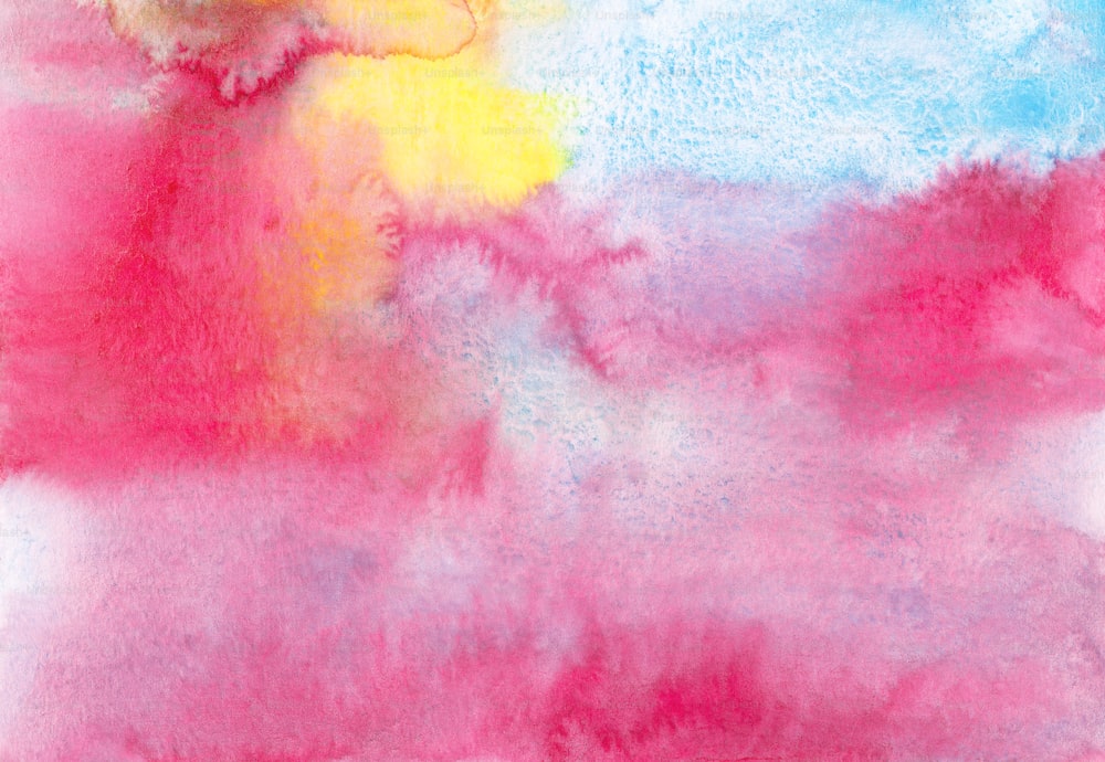 a painting of a pink, yellow, and blue sky