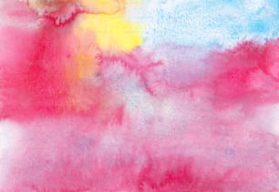 Una pintura de un cielo rosa, amarillo y azul