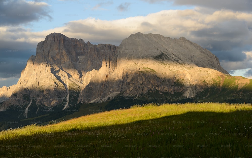 a large mountain with a grassy field below it