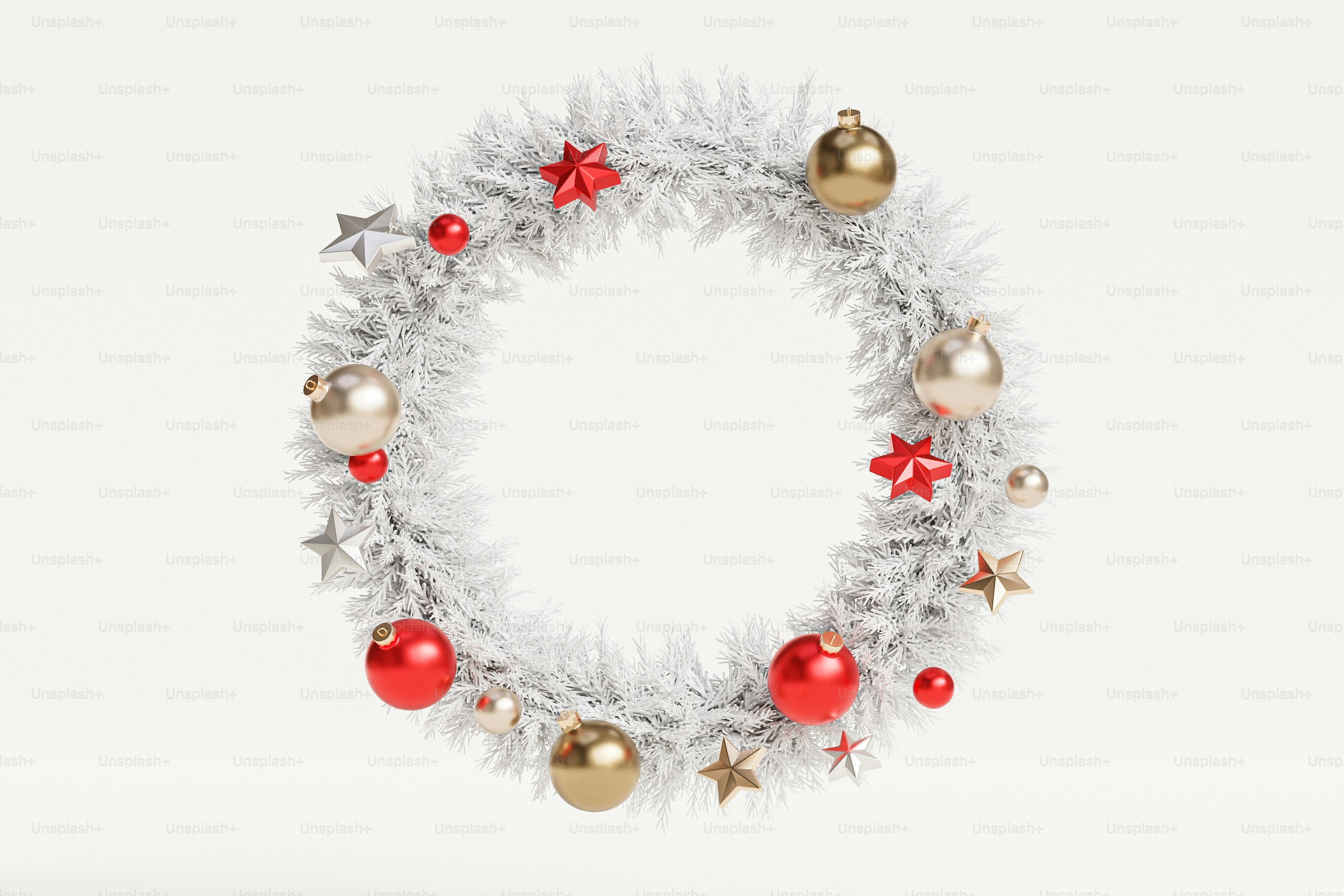 a white christmas wreath with red and gold ornaments