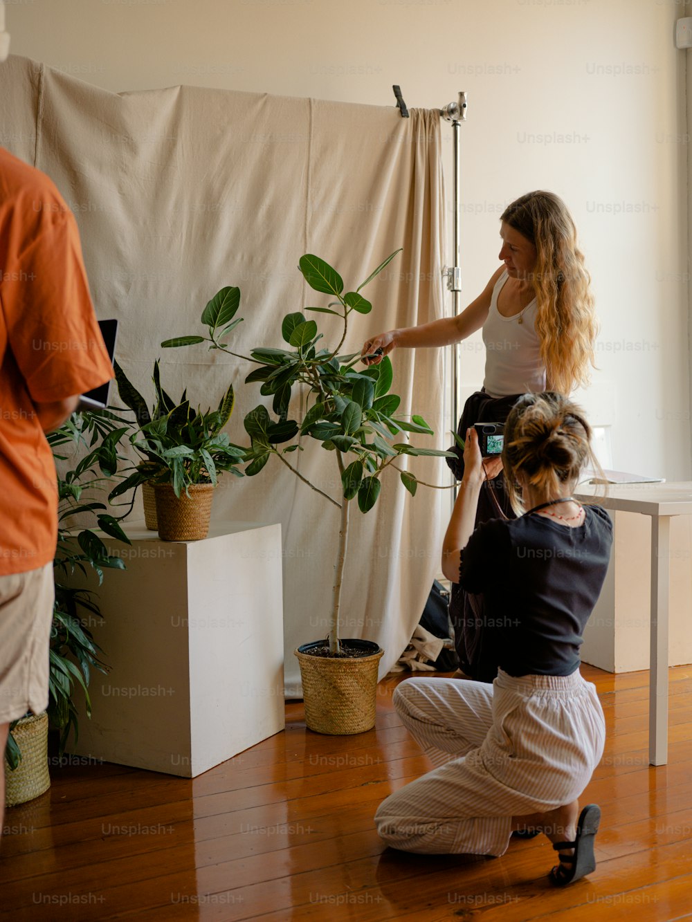 a woman is taking a picture of a potted plant