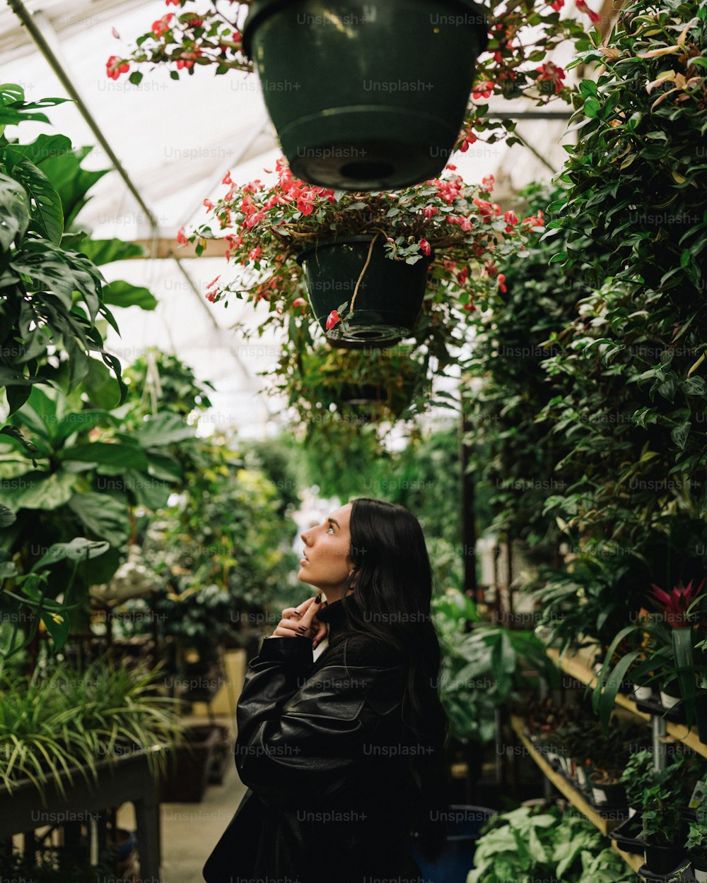 a woman standing in a greenhouse looking up