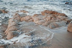 uma praia rochosa com ondas batendo nas rochas