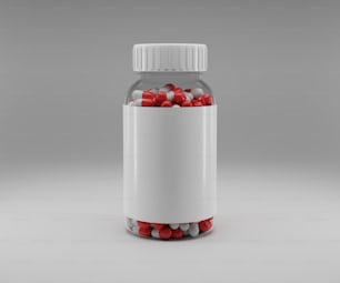 un frasco de pastillas lleno de pastillas rojas y blancas
