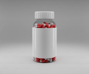 a pill bottle filled with red and white pills