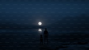 보름달 아래 해변 꼭대기에 서 있는 두 사람