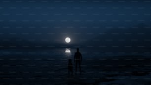 a couple of people standing on top of a beach under a full moon