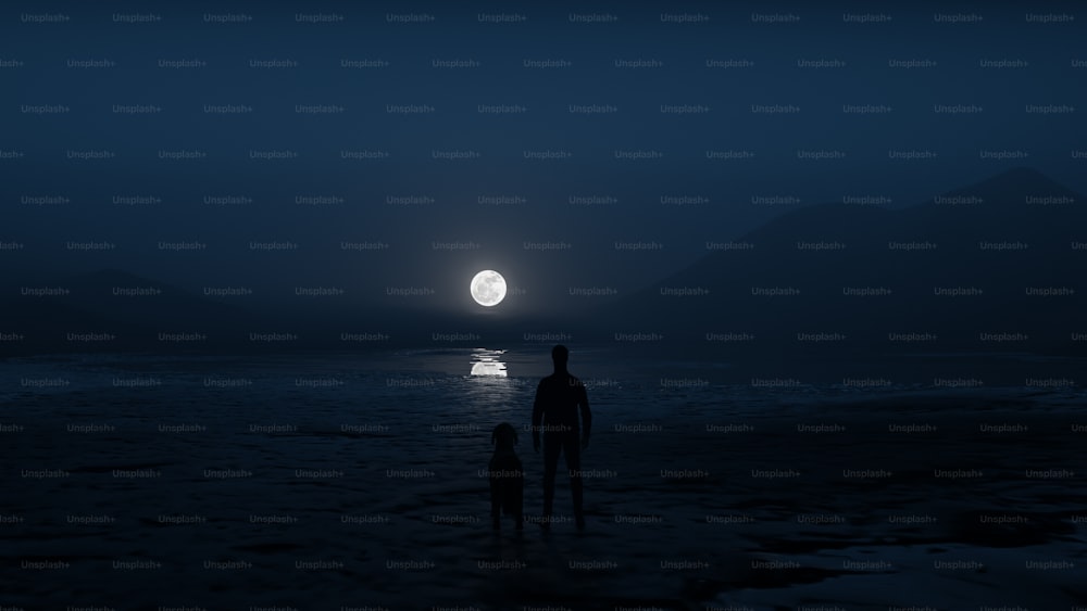 a couple of people standing on top of a beach under a full moon