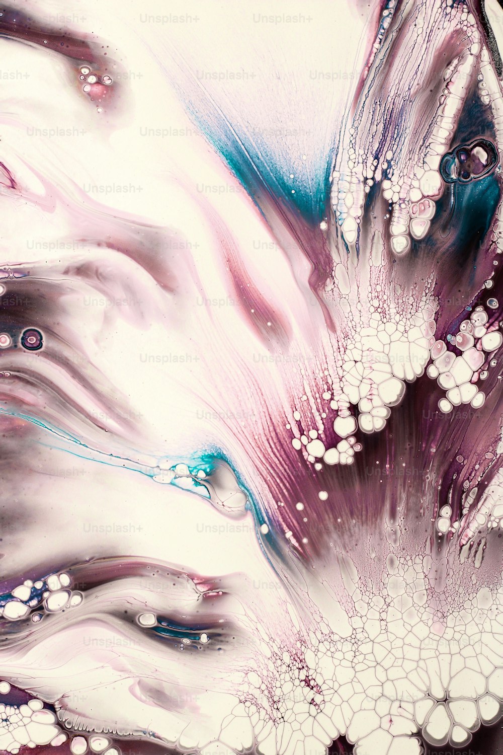 a close up of an abstract painting with white and purple colors