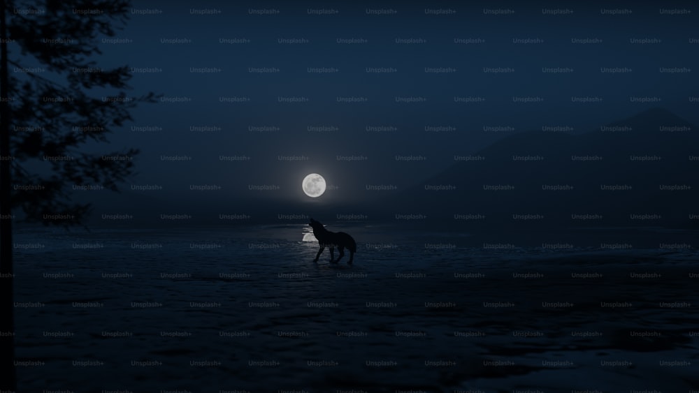 満月の下の野原の真ん中に立っている馬