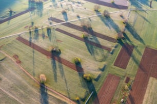 an aerial view of a field with trees