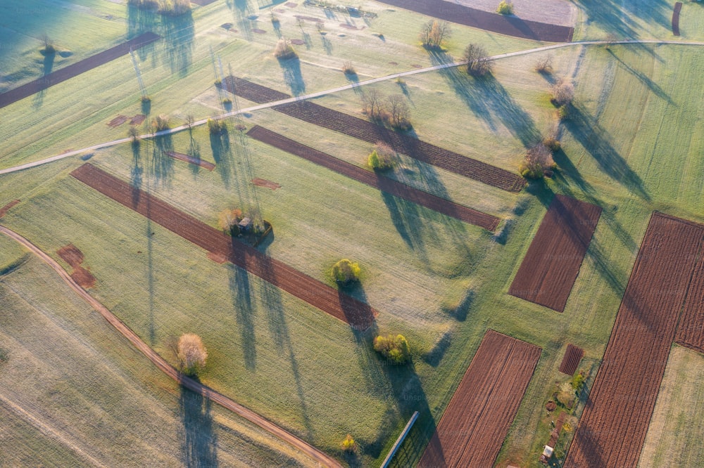 an aerial view of a field with trees