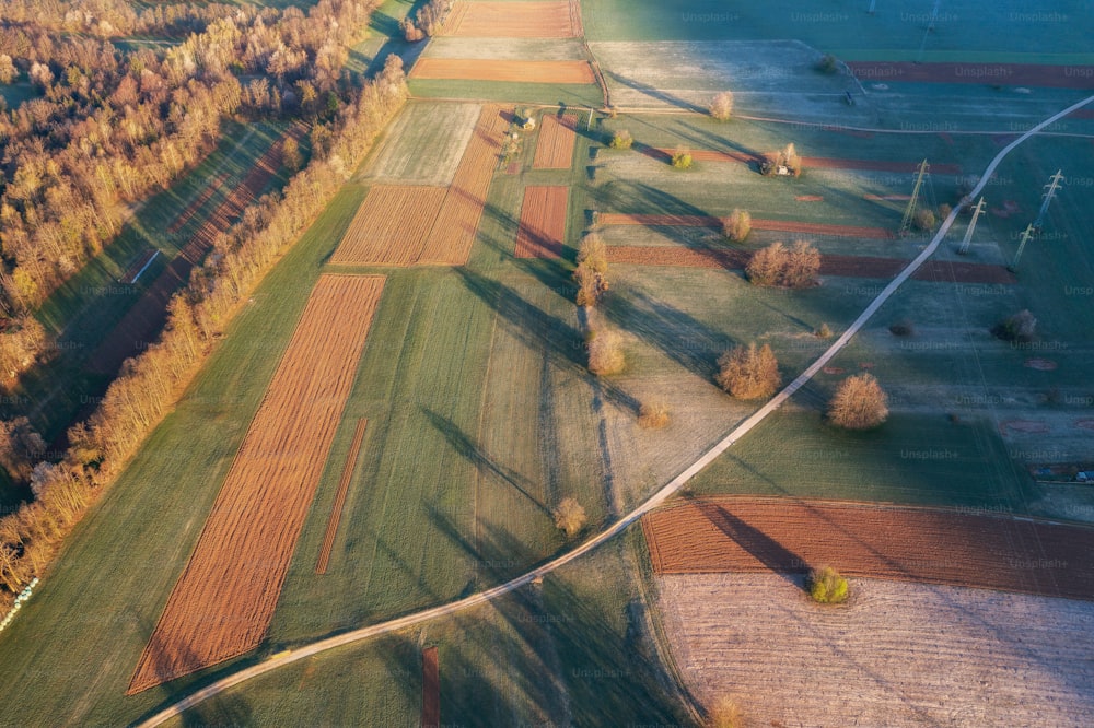 an aerial view of a rural area with trees