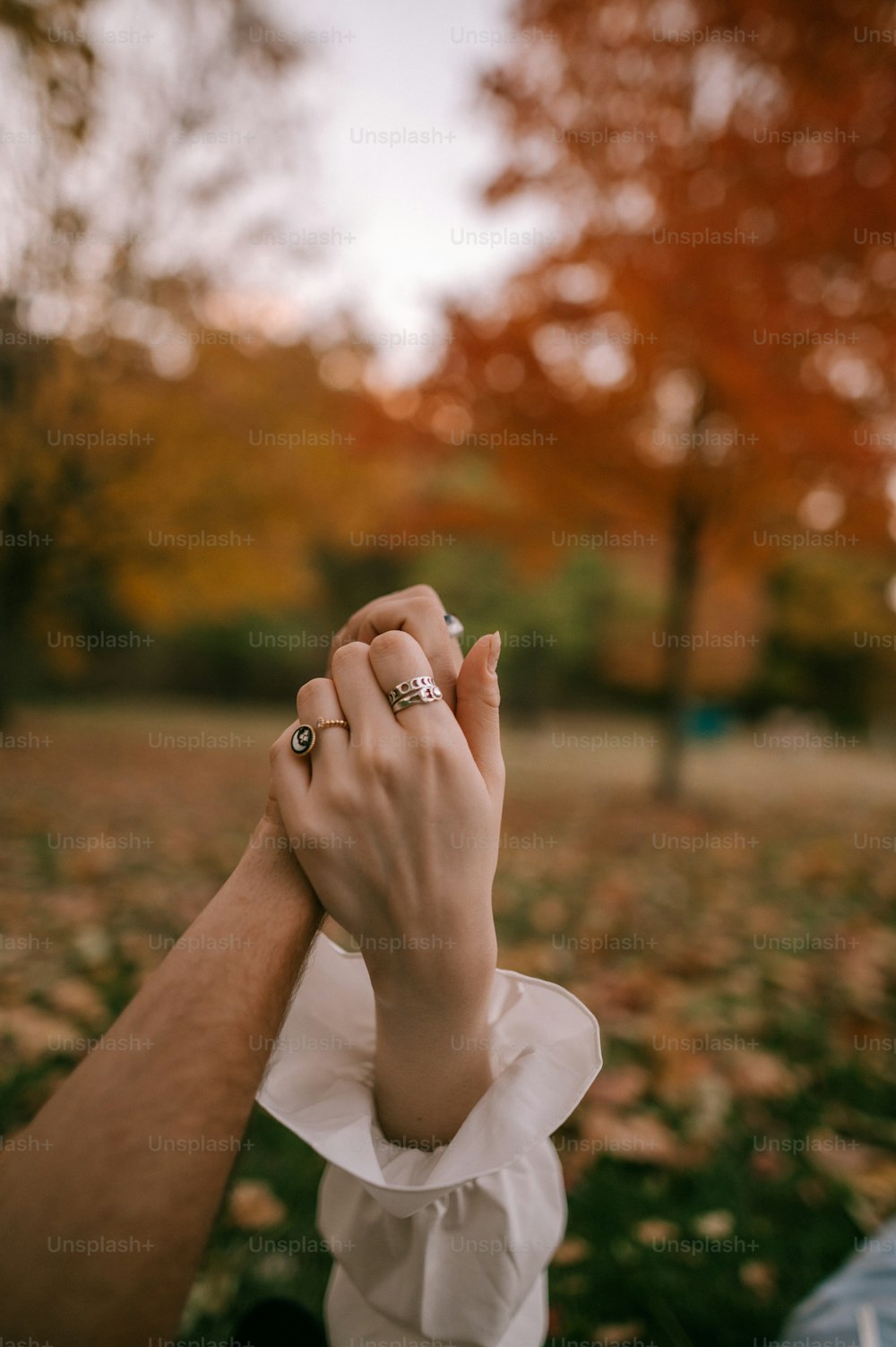 a man and a woman holding hands in a park