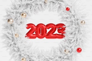 a white wreath with a red new year's number in the middle