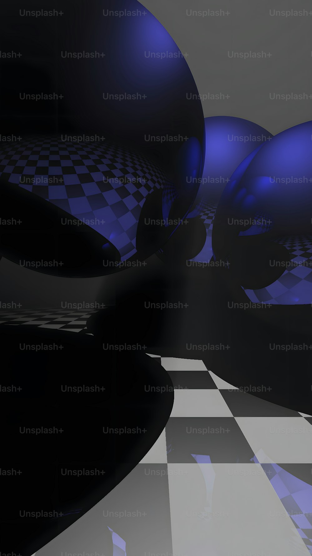 a black and white checkered floor with blue balls