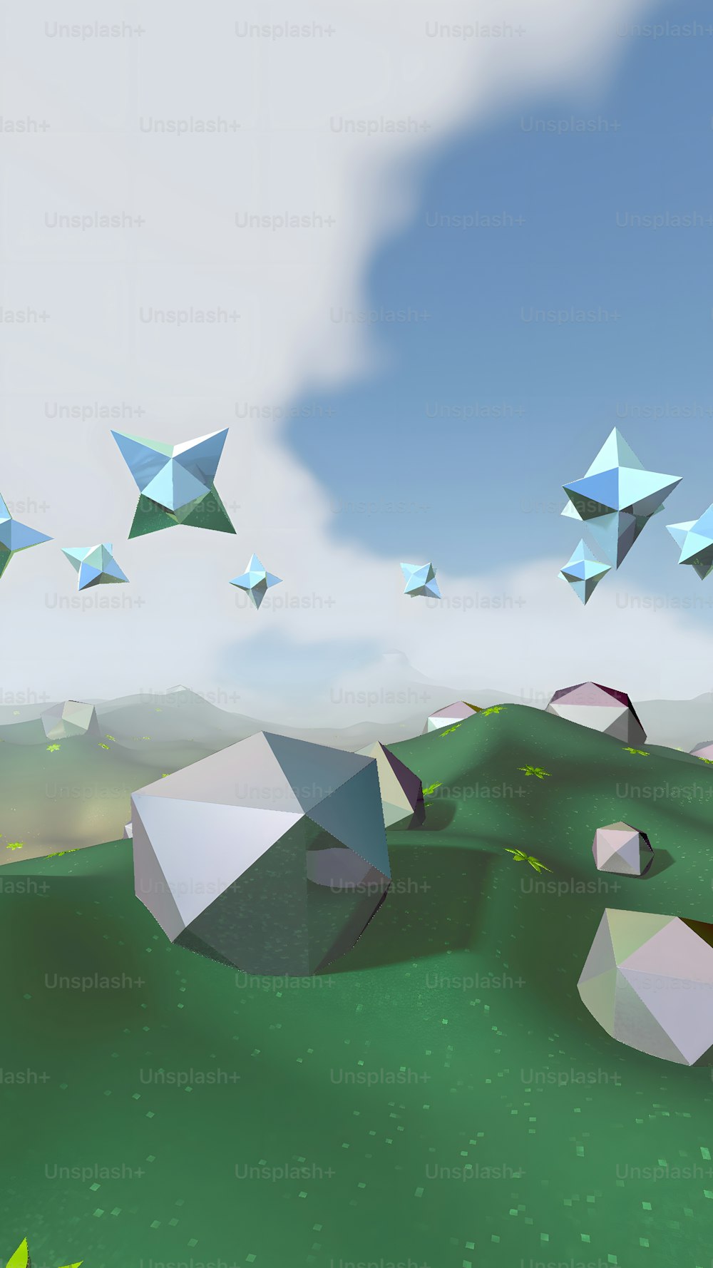 a group of origami birds flying over a green field