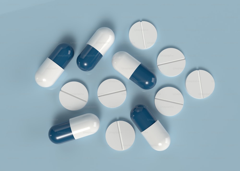 a group of pills sitting on top of a table