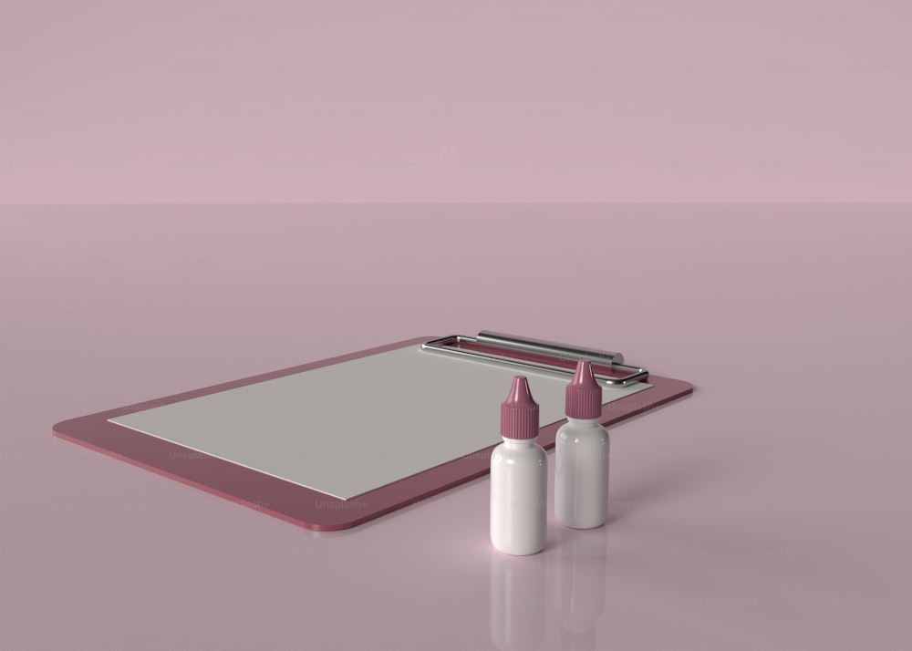 a bottle of lipstick next to a clipboard