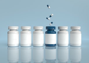 una fila de frascos blancos y azules con pastillas que salen de ellos