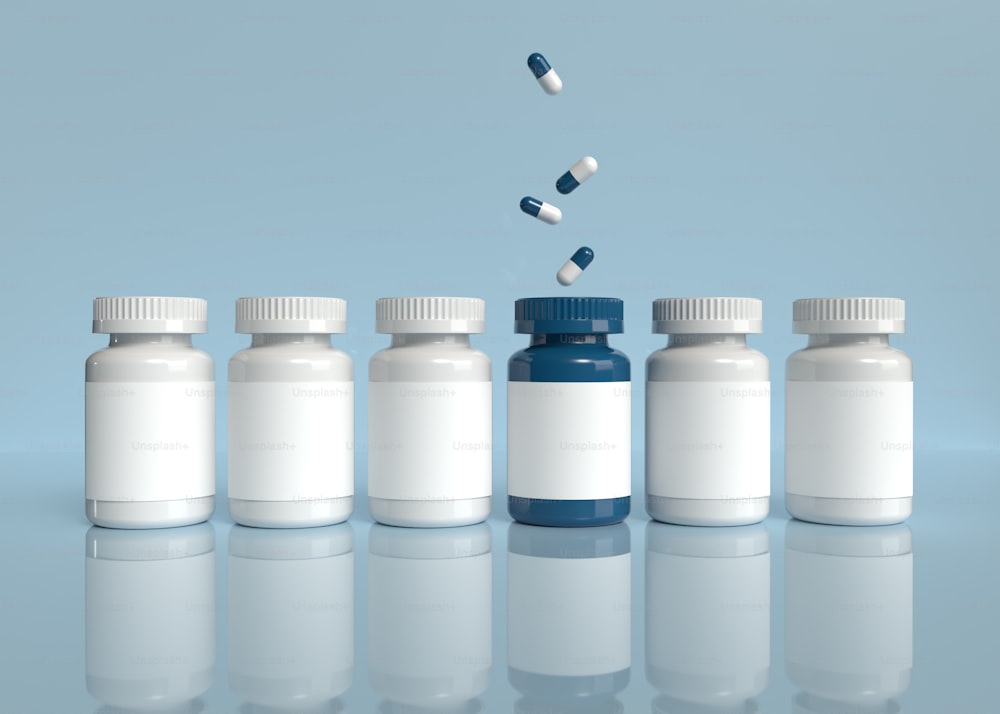 una fila di bottiglie bianche e blu con pillole che ne escono