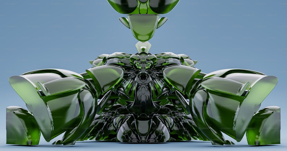 a green and white abstract object with a blue background