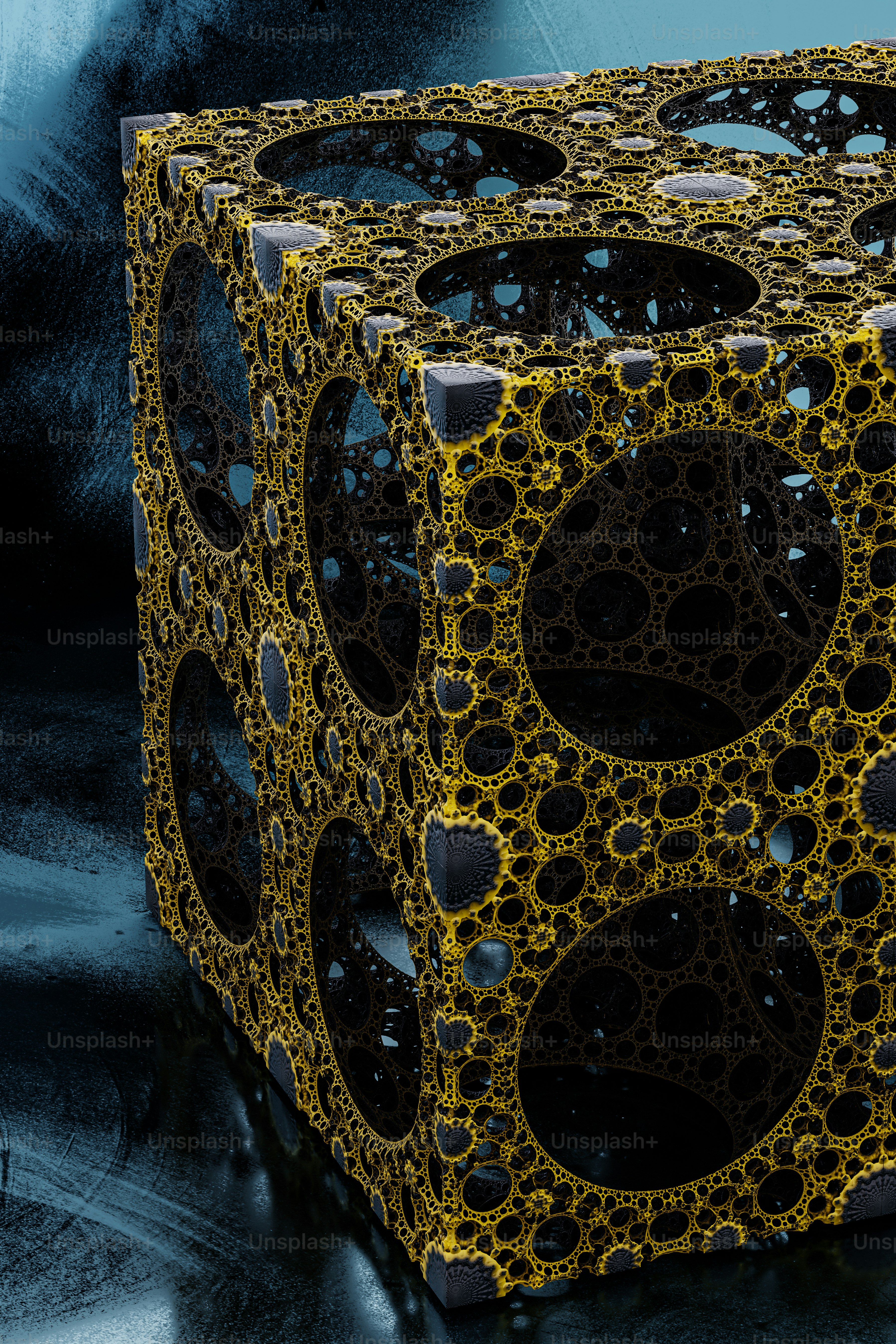 ein Würfel aus schwarzen und gelben Kreisen