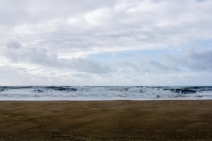 um grande corpo de água sentado em cima de uma praia de areia