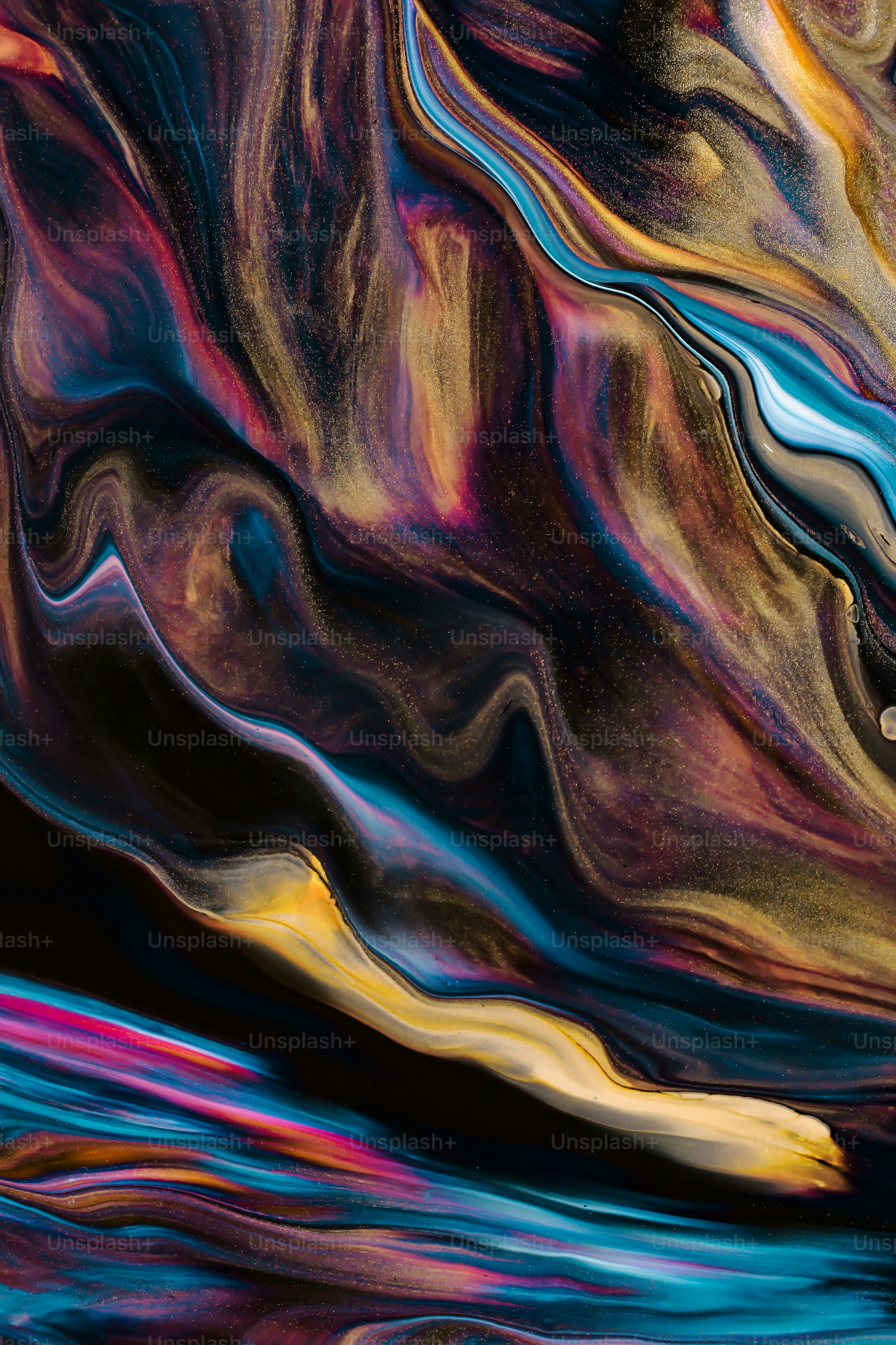 an abstract painting of a blue, yellow, and purple wave