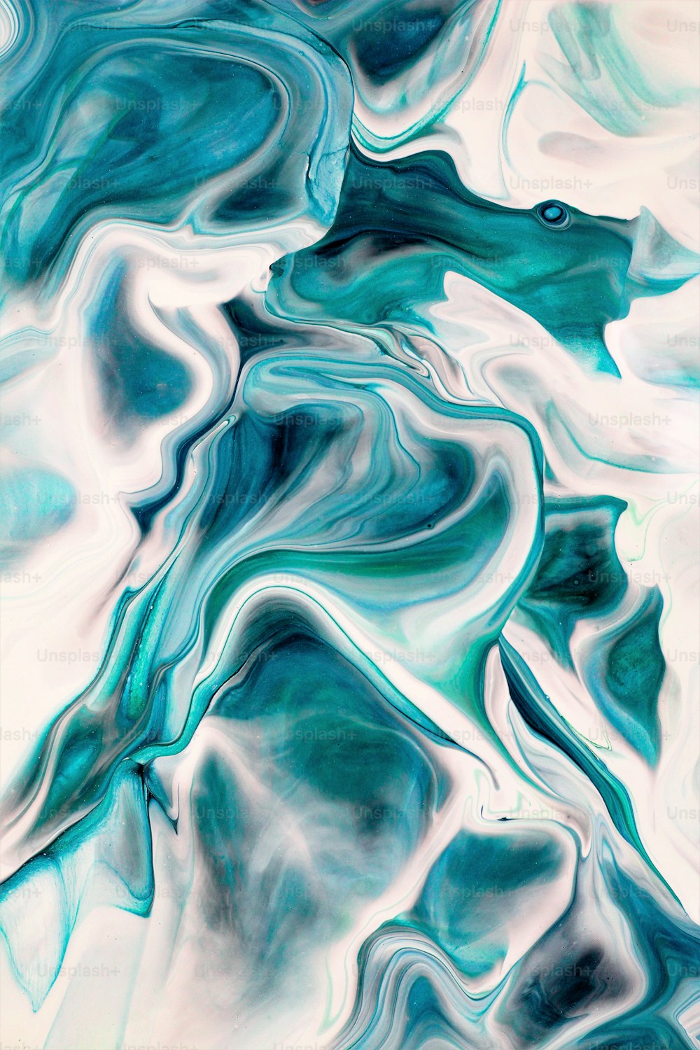 an abstract painting with blue and white colors