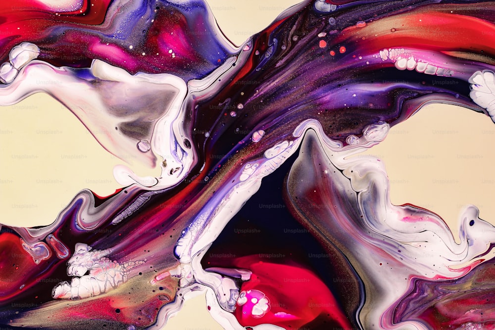 an abstract painting with red, purple, and white colors