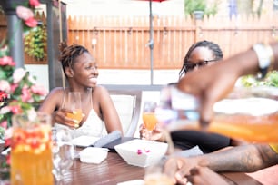 a group of people sitting at a table with drinks