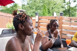 a couple of women sitting at a table with drinks