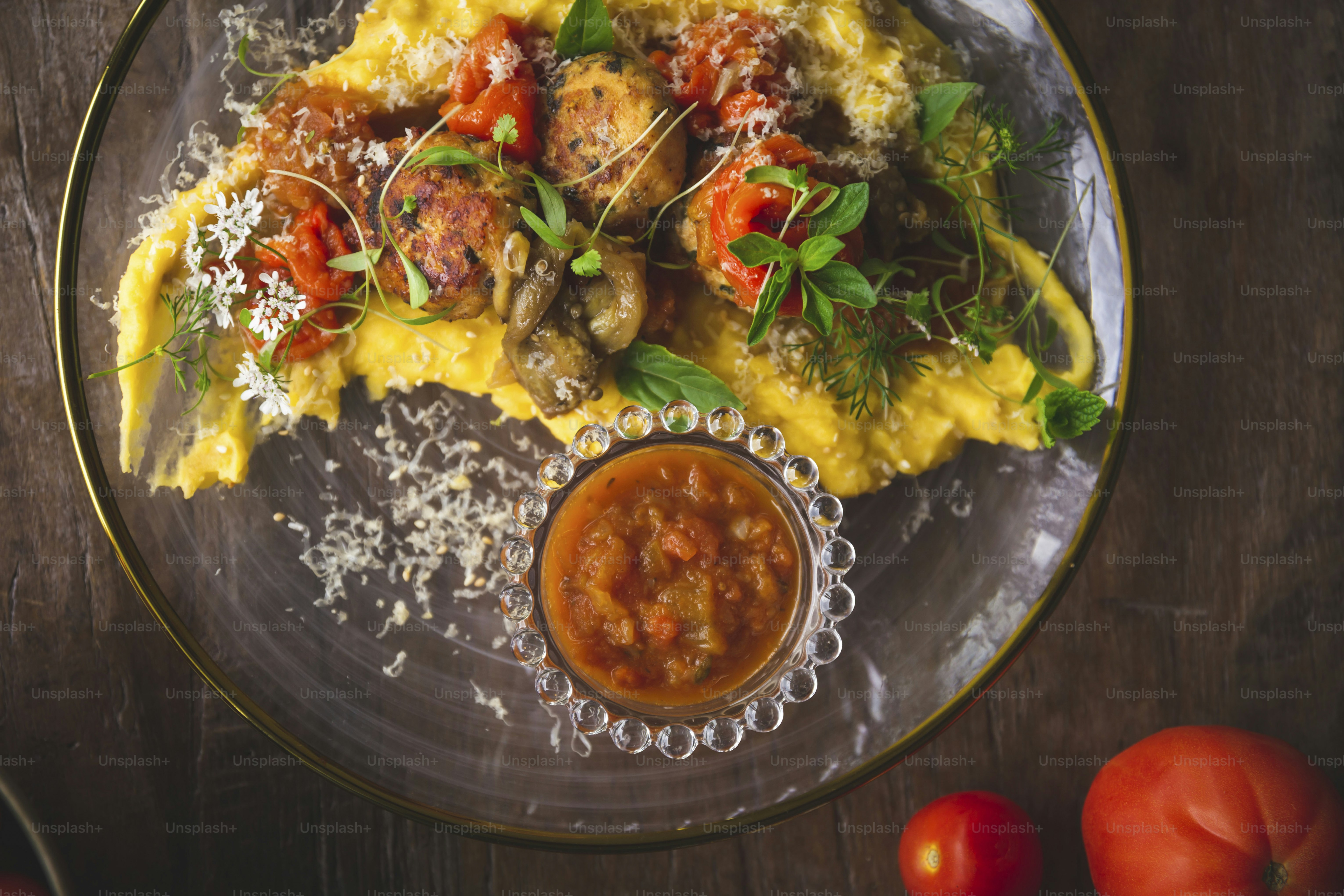 a plate of food on a wooden table