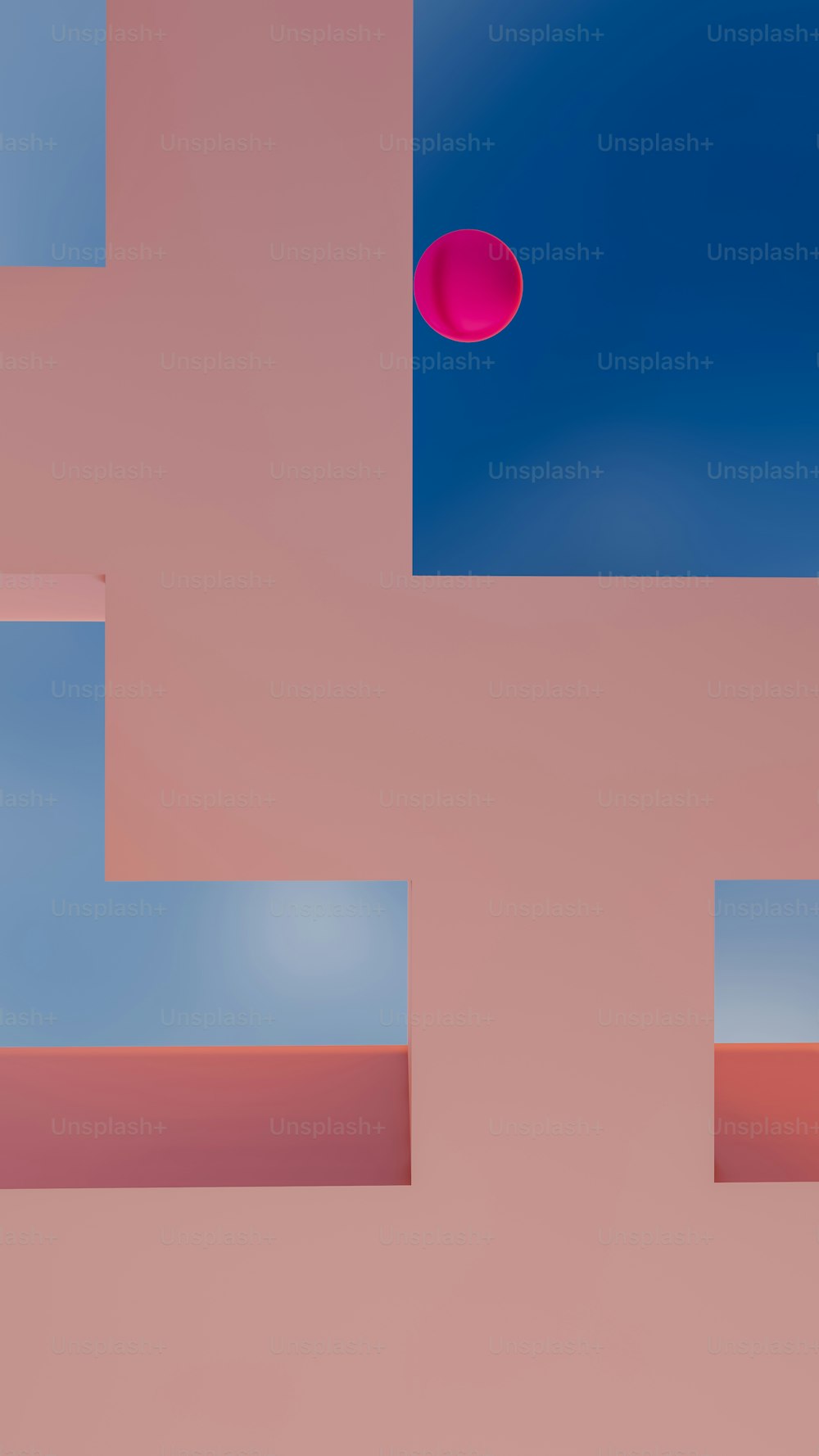ein rosa-blauer Hintergrund mit einem roten Objekt in der Mitte