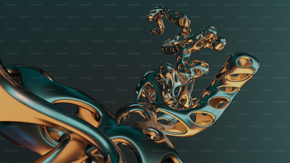 Una imagen 3D de un objeto dorado y azul