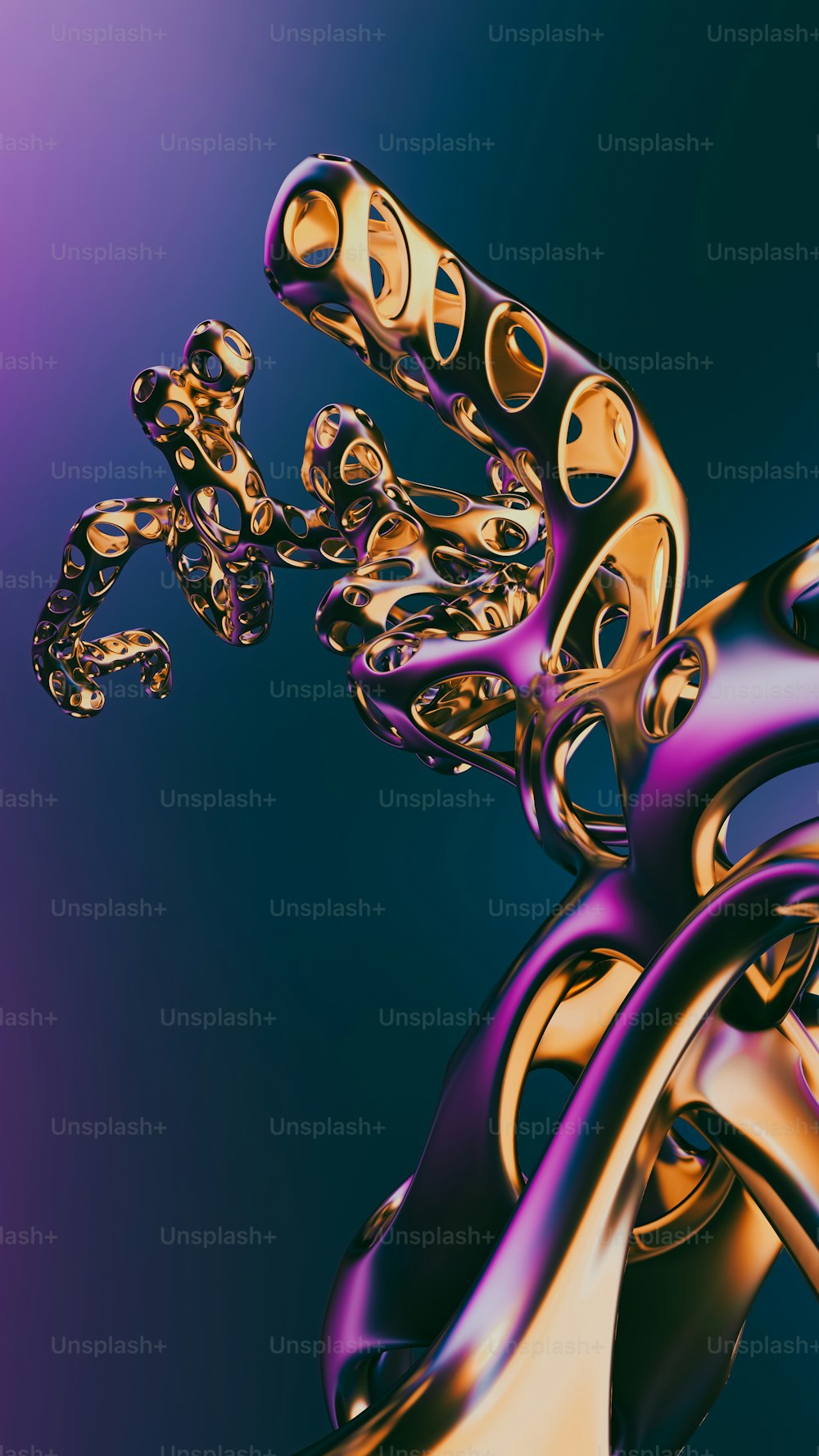 Una imagen generada por computadora de un objeto dorado y púrpura