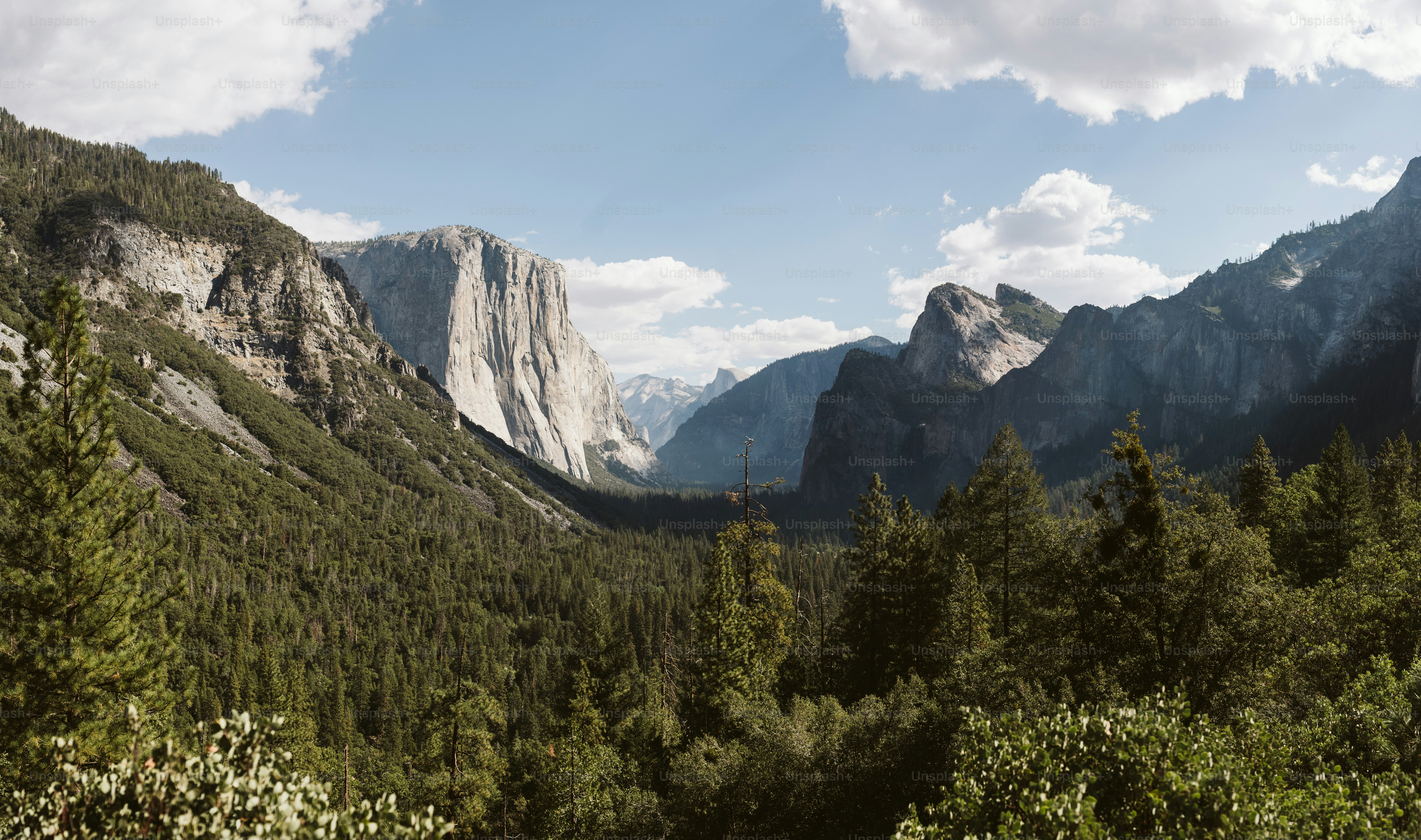 a view of a mountain range with trees and mountains in the background