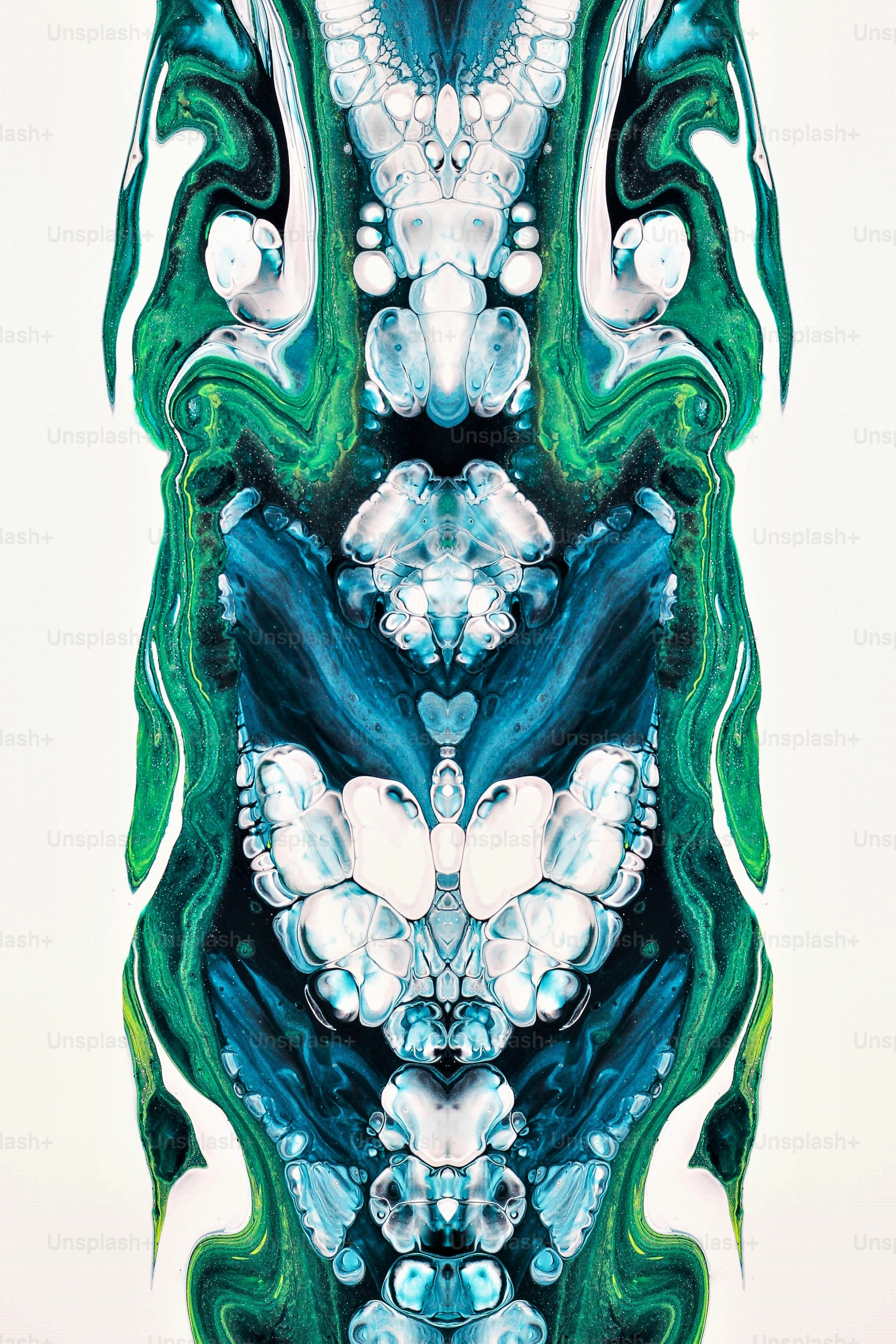 an abstract painting of blue and green shapes