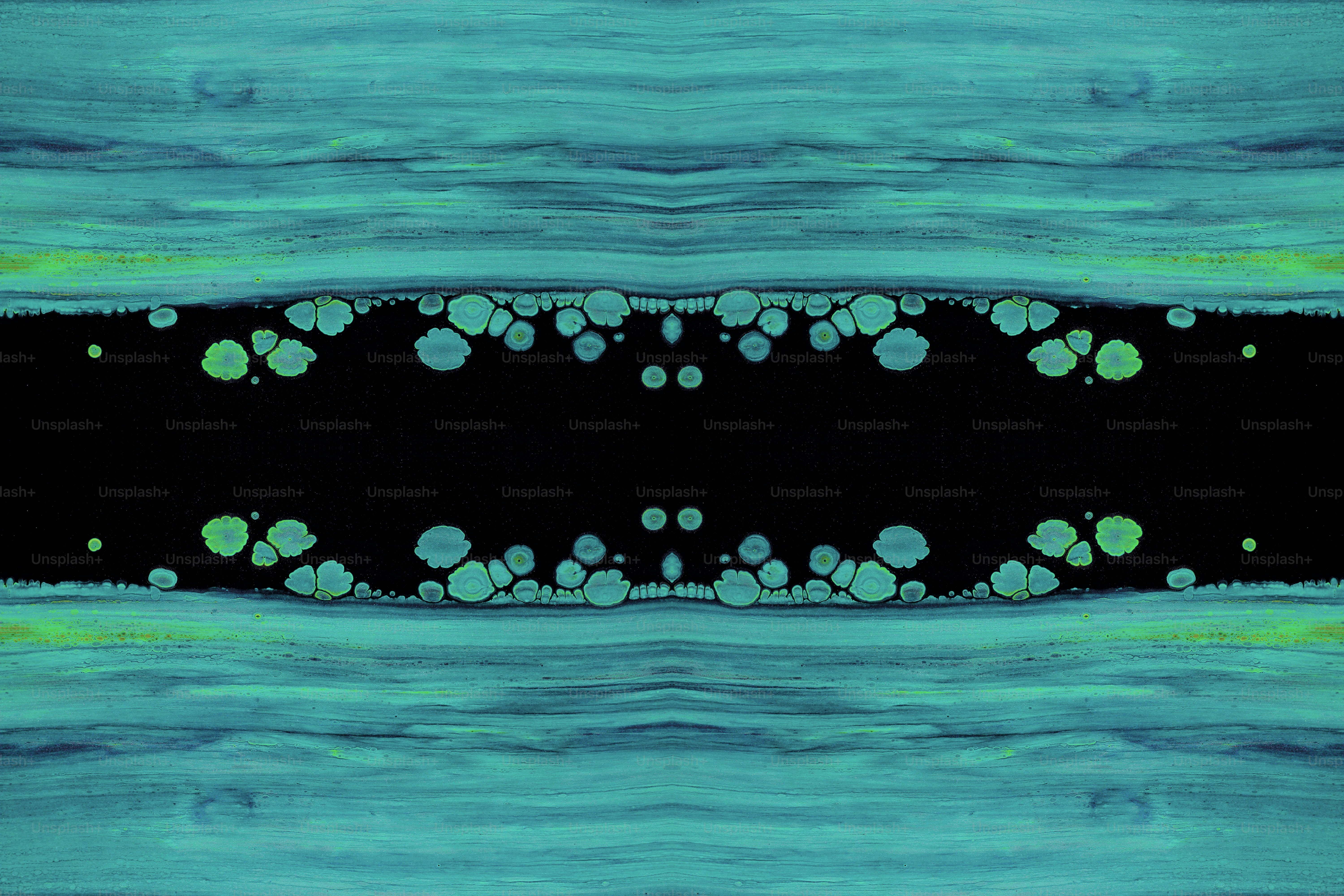 a painting of a black background with green circles