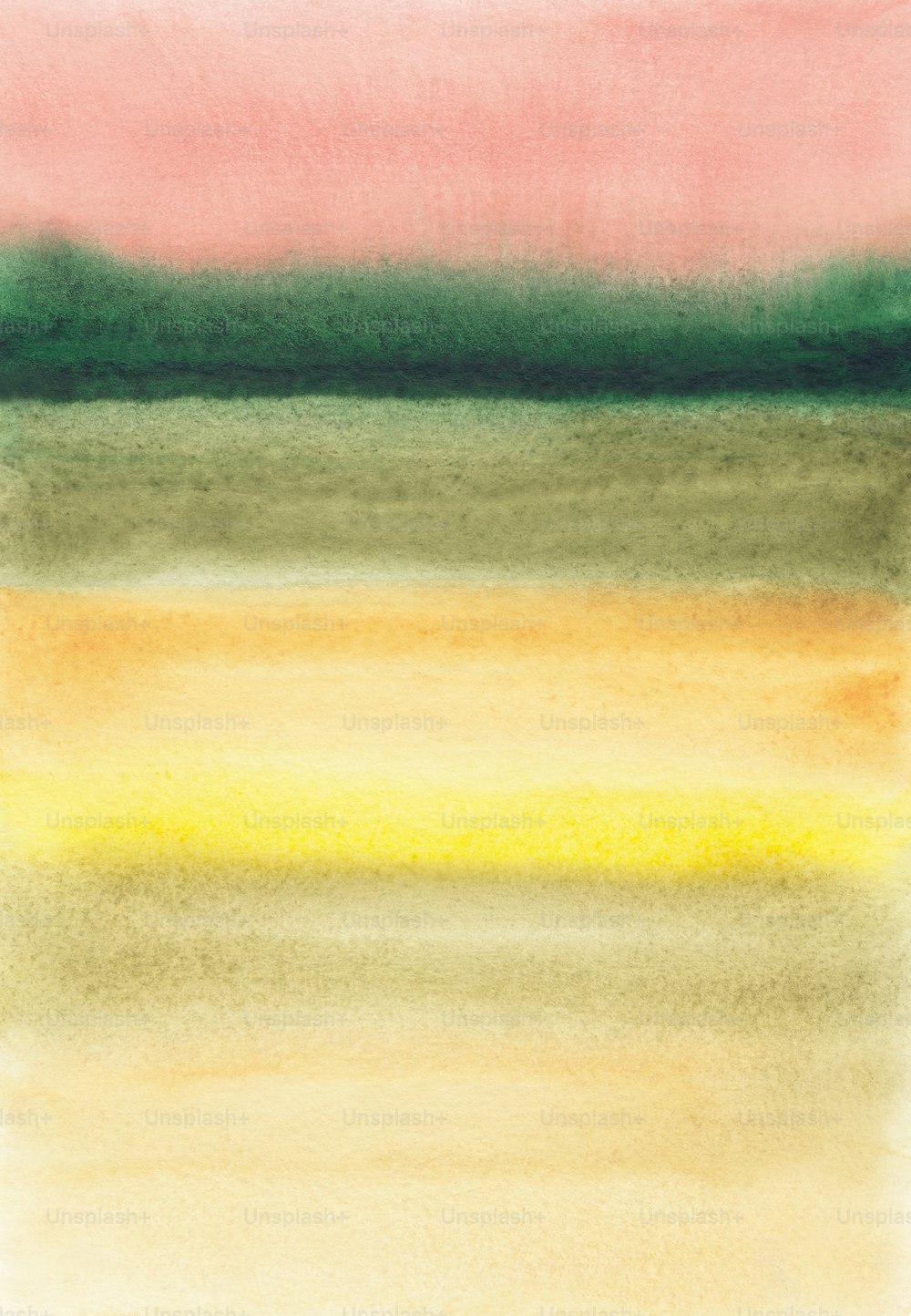 uma pintura em aquarela de um horizonte verde, amarelo e rosa